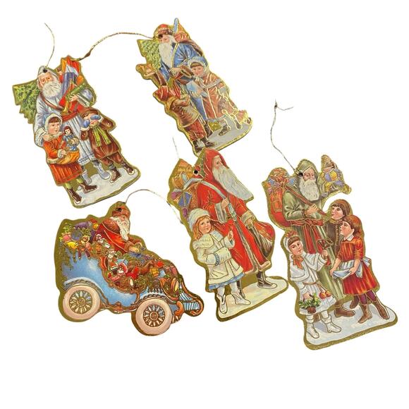 Lot of 5 Vintage 80s Christmas Cardboard Ornaments Gold Trim Accent Santa Tree - Picture 13 of 13